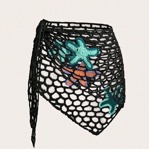 Black Women's Swim Springbreak Sexy Crochet Starfish Decor Beach Cover Up Shawl - Picture 2 of 6